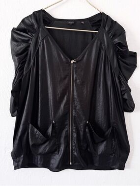Ted Baker Top Blouse Black Ruched Puff Sleeve Zip Front Pockets 8